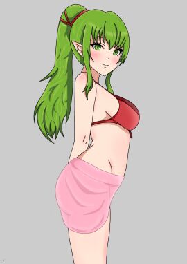 1girls alternate_costume arms_behind_back ass bangs bare_arms bare_midriff bare_thighs big_ass bikini bikini_top blush breasts female female_only fire_emblem fire_emblem_awakening fire_emblem_heroes green_eyes green_hair grey_background li9mo long_hair looking_at_viewer looking_to_the_side medium_breasts midriff nintendo no_panties official_alternate_costume pointy_ears ponytail red_bikini red_swimsuit sarong see-through sidelocks solo swimsuit thighs tiki_(fire_emblem) tiki_(fire_emblem)_(adult)