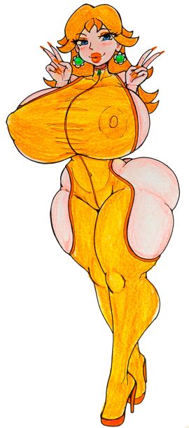 absurdres alternate_breast_size bimbo bimbo_lips bimbofication blue_eyes bodysuit breasts brown_hair female gaixas1 gaixas1draw grabbing_another's_breast grabbing_own_breast grin groping highres large_breasts legs looking_at_viewer mario_(series) navel nintendo princess princess_daisy short_hair smile solo super_mario_land thick_thighs thighs toned topwear