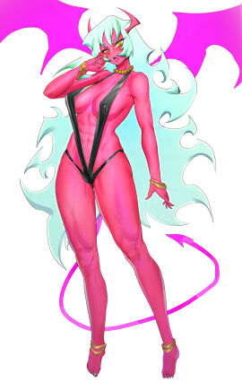 1girls 2024 2d 2d_(artwork) abs anklet athletic athletic_female black_one-piece_swimsuit black_swimsuit bracelet breasts demon demon_girl female female_only fit fit_female green_eyes green_hair horns large_breasts long_hair looking_at_viewer midriff navel necklace no_sex non-human non-human_only oli_kkwak one-piece_swimsuit painted_fingernails painted_toenails panty_&_stocking_with_garterbelt pearl_necklace red_skin scanty_daemon simple_background slingshot_swimsuit solo solo_female swimsuit tail very_long_hair wavy_hair white_background wings