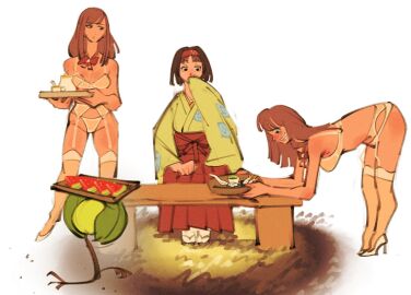 3girls bellsprout brown_hair creatures_(company) female food game_freak high_heels kimono lingerie millionsbliss nintendo nosebleed pokemon pokemon_(species) ribbon table