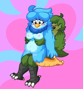 absurd_res anthro avian bird blush caustic_bubonic duo fan_character female fluffy genderfluid grabbing_sides hi_res male male/female martlet_(undertale_yellow) slightly_chubby slightly_chubby_female undertale_yellow