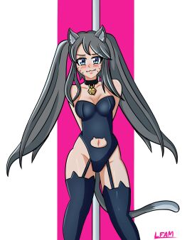 1girls blue_eyes blush blush_lines bunnysuit cat_ears cat_girl cat_stockings cat_tail catgirl female fifounette garter_belt garter_straps grey_fur grey_hair lfam neko nekomimi pole rabbit_hole_(deco*27/caststation) rabbit_hole_(vocaloid) sfw smug smug_face tagme thighs twintails