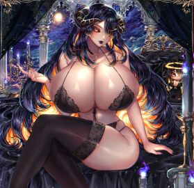 1girls 2020s 2d 2d_(artwork) 2d_artwork 5_fingers background bed bed_sheet bedroom bedroom_setting bedsheets belly big_breasts bimbo black_hair black_lipstick black_nail_polish black_nails bolt_on_tits bra breast_implants breasts candle cleavage cleavage_overflow closed_mouth clothed clothed_female clothes clothing color colored curled_horn curled_horns curved_horn curved_horns curvy_body curvy_female curvy_figure curvy_thighs detailed_background digital_drawing_(artwork) digital_media_(artwork) enhanced_breasts eyelashes eyes fake_breasts female female_focus female_human female_only fingernails fingers first_person_view hair half-dressed half_naked hips hourglass_figure human_female humanoid indie_virtual_youtuber large_boobs large_breasts legwear light-skinned_female light_body light_skin lips lipstick long-haired_female long_hair looking_at_viewer mammal mammal_humanoid milla_noire_(vtuber) mouth mouth_closed multicolored_hair nail nail_polish nailpolish nails nails_painted neck need_to_breed no_dialogue no_text nude open_eyes orange_eyes painted_nails panties partially_clothed partially_clothed_female partially_nude partially_undressed plushie point_of_view pointy_chin pov pov_eye_contact sheer_clothing sheer_legwear silicone silicone_implants sitting sitting_down smile smiling_at_viewer solo space stocking stockings textless thick_thighs thighs two-tone_hair very_long-haired_female very_long_hair virtual_youtuber voluptuous voluptuous_female vtuber wide_thighs