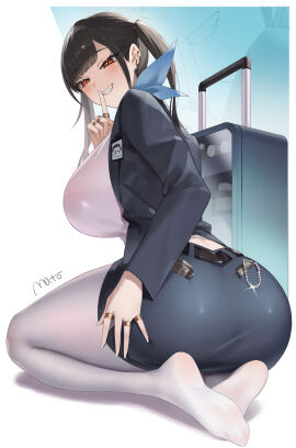 absurdres ass belt black_belt black_hair breasts earrings female goddess_of_victory:_nikke highres id_card index_finger_raised jewelry looking_at_viewer mato_kuroi money multiple_rings pantyhose red_eyes ring rolling_suitcase smile soles sora_(nikke) suitcase thighs twintails white_pantyhose