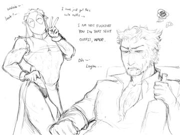 2boys alcohol baimonbluewhale blush bottle comic crossdressing deadpool dress gay male male_only marvel marvel_comics mask masked monochrome muscular muscular_male squiggle v wolverine_(x-men) x-men yaoi