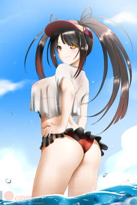 1girls ass beach bikini bikini_under_clothes black_hair breasts clouds date_a_live female hair_ribbon hand_on_hip heterochromia in_water kimmy77 large_breasts looking_at_viewer midriff ocean outside red_bikini red_eyes red_swimsuit shirt sky swimsuit swimsuit_under_clothes tokisaki_kurumi twintails visor_cap water white_shirt yellow_eyes