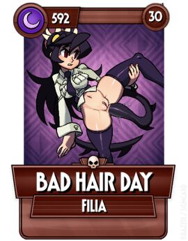 1girls accurate_art_style anal annoyed annoyed_expression ass big_breasts black_hair breasts edit female filia_(skullgirls) gameplay_mechanics hips interspecies leg_up low_res lowres monster nail_polish noill penetration pink_nails red_eyes samson_(skullgirls) school_uniform skullgirls tentacle tentacle_hair thick_thighs thighs video_game_character white_shirt wide_hips