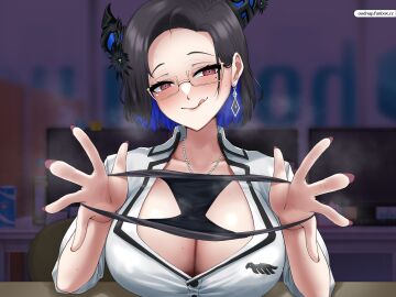 1girls :q absurdres black_hair blue_hair breasts cleavage demon_horns desk earrings highres holding holding_panties holding_underwear holding_unworn_clothes hololive hololive_english horns indoors jewelry large_breasts looking_at_viewer mole mole_under_eye multicolored_hair necklace nerissa_ravencroft nerissa_ravencroft_(casual) office official_alternate_costume official_alternate_hair_length official_alternate_hairstyle oodnap panties red_eyes red_nails short_hair solo tongue tongue_out two-tone_hair underwear virtual_youtuber