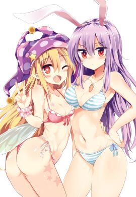 2girls arm_at_side ass belly_button bikini blonde_hair blush breasts bunny_ears bunny_girl closed_mouth clothed clownpiece embarrassed fairy_wings female female_only hat heart-shaped_pupils light-skinned_female light_skin maturiuta_sorato necklace no_penetration no_sex one_eye_closed open_mouth peace_sign pointy_ears purple_hair red_eyes reisen_udongein_inaba simple_background smiling stripes swimsuit tattoo touhou white_background winking_at_viewer