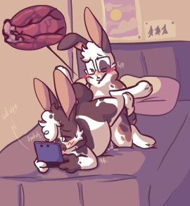 anthro bed bedroom blush blush_lines bodily_fluids cum cum_inside cuntboy cuntboy/male dewlap_(anatomy) dragunsnack drooling duo eyewear furniture genital_fluids glasses hi_res intersex intersex/male lagomorph leporid lidded_eyes male mammal nintendo nintendo_3ds nintendo_ds_family pillow rabbit saliva sex