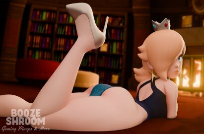 3d 3d_(artwork) ass ass_focus bedroom_eyes blender blender_(software) blender_cycles blonde_hair blue_eyes boozeshroom butt_focus dress eye_half_closed female high_heels laying_down laying_on_floor laying_on_stomach library light-skinned_female light_skin looking_at_viewer looking_back mario_(series) no_panties one_eye_covered one_eye_obstructed one_eye_visible petite petite_body petite_female princess princess_rosalina starry_night_dress_(sarukaiwolf) super_mario_galaxy watermark