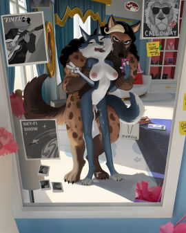 1boy 1girls 2024 3_toes 4_fingers anthro anthro_on_anthro anthro_penetrated anthro_penetrating anthro_penetrating_anthro areola arm_grab balls black_hair black_nose blonde_highlights blue_body blue_fur bodily_fluids breasts brown_body brown_fur canid canine canis cellphone cum cum_in_pussy cum_inside cum_on_balls cum_on_feet cum_on_penis duo electronics fangs feet female female_penetrated fingers fur genital_fluids genitals gesture hair hand_gesture hi_res highlights_(coloring) hindpaw humanoid_hands hyena illumination_entertainment interspecies male male/female male_penetrating male_penetrating_female mammal markings mirror mirror_selfie multicolored_body multicolored_fur navel nipples open_mouth open_smile paws penetration penile penile_penetration penis penis_in_pussy phone pink_areola pink_nipples porsha_crystal pussy selfie sex sex_selfie sing_(movie) smartphone smile spots spotted_body spotted_fur spotted_hyena standing standing_sex teeth toes tongue tongue_out two-tone_body two-tone_fur v_sign vaginal_penetration white_body white_fur wolf wolfinasuit