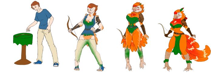 absurd_res alternate_costume anthro avian beak beak_growth big_breasts bird blush bow_(weapon) breast_growth breasts brown_hair clothed clothing clothing_swap colored confusion expansion feathers female gender_transformation goldgardian growth hair hi_res human male mammal mtf_transformation orange_body orange_feathers parrot pussy ranged_weapon sequence solo species_transformation surprised_expression thick_thighs thigh_expansion tongue transformation weapon