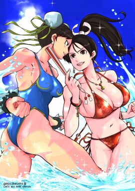 2girls artist_name bikini blue_one-piece_swimsuit bracelet breasts casual_one-piece_swimsuit catfight challenging chun-li cleavage cloud cloudy_sky commentary cowboy_shot earrings english_text fatal_fury female female_only floral_print_bikini folding_fan hand_fan high_ponytail highres jewelry king_of_fighters mai_shiranui multiple_females multiple_girls navel necklace one-piece_swimsuit red_bikini rivalry rivals rocohisaya side-tie_bikini_bottom sky snk spiked_bracelet spikes street_fighter street_fighter_6 swimsuit water