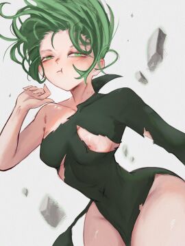 1girls :t areolae blush breasts brown_hair female female_focus female_only green_hair looking_at_viewer nipple_slip nipples one-punch_man pout rakunart ripped_clothing small_breasts solo solo_female solo_focus tatsumaki thick_thighs thighs wide_hips
