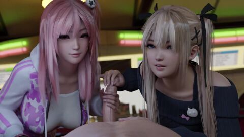1boy 2girls 3d animated areolae assisted_fellatio balls black_screen_roulette blender blonde_hair blue_eyes breasts casual_clothes collaborative_fellatio cum cum_on_body cum_on_breasts cumshot dead_or_alive dead_or_alive_5_last_round eye_contact fellatio female ffm_threesome fingerless_gloves glansjob gloves hair_ornament hair_ribbon hand_on_another's_head hand_on_head handjob highres honoka_(doa) hood hood_down hoodie large_breasts large_penis laugh long_hair longer_than_30_seconds longer_than_one_minute looking_at_viewer maiden-masher male male_pov marie_rose open_hoodie oral peace_sign penis pink_eyes pink_hair pov pov_eye_contact side_ponytail slq sound spizzy sweater_dress tagme teamwork testicles threesome topless twintails v video