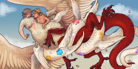 2girls bite_mark bleeding blush body_fur breasts centauroid chimera churroach cloud constriction couatl_(dungeon_meshi) dungeon_meshi elf falin_touden falin_touden_(chimera) fangs feathered_wings feathers female hand_on_another's_head head_wreath highres intertwined_tails marcille_donato midair monster_girl multi_wing multiple_females multiple_girls nipples pointy_ears pussy red_scales sex tail talons taur white_feathers wings yuri