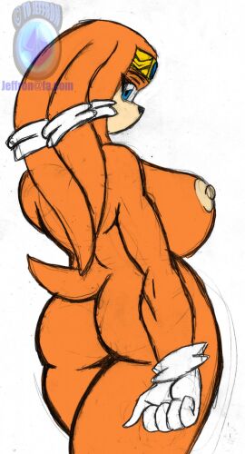 2d accessory anthro ass blue_eyes breasts clothing echidna female gloves hair handwear headband hi_res jeffron jewelry long_hair looking_at_viewer mobian mobian_(species) mobian_echidna necklace nude orange_body priest sega side_boob solo sonic_(series) sonic_adventure sonic_the_hedgehog_(series) tail third-party_edit tikal_the_echidna watermark