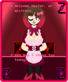 background bete_noire betty_noire big_breasts black_thighhighs breasts brown_hair dialogue female glitchtale hands_behind_back large_boobs large_breasts maid maid_outfit maid_uniform neck_ribbon one_closed_eye pink_eyes pixel pixel_art red_hair red_shoes ribbon_in_hair shoes short_hair thighhighs transparent_background undertale undertale_(series) z!betty zixy