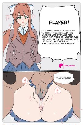 1boy 1girls anus arte_mitzuki ass balls blushing brown_hair caught dark-skinned_male doki_doki_literature_club female green_eyes instant_loss_2koma interracial light-skinned_female light_skin looking_at_viewer loving_it male mating_press monika_(doki_doki_literature_club) pussy pussy_juice school_uniform serious sex squirting talking_to_viewer vaginal_penetration vaginal_sex white_bow you