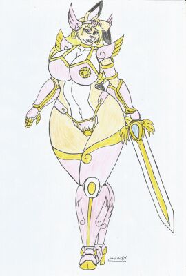 anthro armored_boots beige_body beige_fur big_breasts big_hips bikini_armor black_fur blonde-haired_female breasts buff_bouncy_(waifuland) cosplay female female_knight furry green_eyes hare hare_humanoid high_heel_boots long_hair looking_at_viewer marlon64 paladin pink_eyeshadow pink_lipstick seductive_look solo_female sword swordswoman traditional_drawing_(artwork) waifuland white_background white_fur