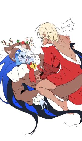 2boys black_eyebrows black_eyelashes blue_body blue_eyes blue_skin blush blushing_at_partner christmas_outfit christmas_pure_vanilla_cookie christmas_shadow_milk_cookie clothed clothed_male clothed_sex clothes clothes_down clothes_pull clothing clown_makeup cookie_run cookie_run_kingdom covered_mouth cyan_eyes gem_on_chest holding_body holding_mouth jester looking_at_partner luffanoodles male male_only multicolored_hair nose_bleed on_top penis pointy_ears pure_vanilla_cookie shadow_milk_cookie sitting_on_penis sitting_on_person snake_pupil white_eyelashes yaoi