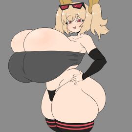 1girls ass blonde_hair blush breasts breasts_bigger_than_head burnice_white bursting_breasts busty cleavage eyebrows_visible_through_hair eyewear_on_head female female_only grey_background huge_breasts inakotho looking_at_viewer massive_breasts overflowing_breasts panties red_eyes simple_background skindentation smile solo striped_thighhighs sunglasses thick_thighs thighhighs tied_hair tinted_eyewear twintails zenless_zone_zero