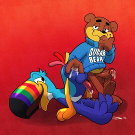 after_sex anal anal_fingering anus argon_vile ass ass_up avian balls bear bird blue_body blue_feathers bodily_fluids bottomless bottomless_male brown_body brown_fur clothed clothing cum cum_in_ass cum_inside cum_on_penis duo english_text erection feathers finger_in_mouth finger_suck fingering fingering_partner foreskin froot_loops fur genital_fluids genitals golden_crisp hi_res kellogg's kellogg’s looking_at_another looking_at_partner looking_back looking_back_at_another looking_back_at_partner male male/male mammal mascot partially_retracted_foreskin penis presenting presenting_anus retracted_foreskin sex sucking sugar_bear sweater text topwear toucan toucan_sam uncircumcised