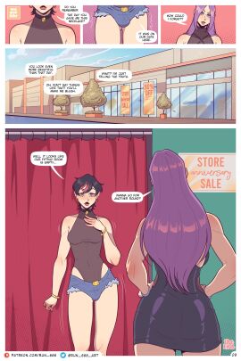 1futa 1girls 2024 breast_growth breasts bulge bulge_through_clothing clothed clothing comic comic_page dialogue english_text female femdom feminization fully_clothed futa_transformation futanari human intersex leotard light_skin male male_to_futa medium_breasts purple_eyes purple_hair run_666 shorts standing text time_skip transformation