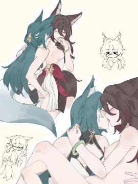 2girls animal_ear_fluff animal_ears blue_hair blush bracelet breasts brown_hair closed_eyes closed_mouth commentary completely_nude female fingering fox_ears fox_girl fox_tail french_kiss green_eyes hand_on_another's_neck hand_on_another's_shoulder highres honkai:_star_rail honkai_(series) jewelry kissing long_hair medium_breasts multicolored_hair multiple_females multiple_girls nipples nude one_eye_closed outline rx_447 simple_background streaked_hair sweatdrop tail tingyun_(honkai:_star_rail) tongue tongue_out white_hair white_outline yellow_background yukong_(honkai:_star_rail) yuri