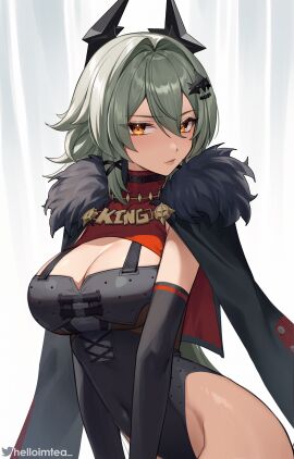 1girls 2d breasts brown_eyes caesar_king caesar_king_(zenless_zone_zero) female green_hair helloimtea no_panties official_alternate_costume sexy sexy_woman solo solo_focus zenless_zone_zero