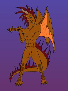 3:4 abs anthro digitigrade dragon fyreblazes genitals green_eyes hi_res horn humanoid_genitalia male mane muscular mythological_creature mythological_scalie mythology nude orange_body penis red_mane scalie solo stretching tail wings