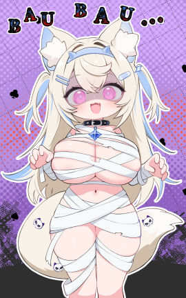 :3 animal_ear_fluff animal_ears bandages bandaid bandaid_hair_ornament blonde_hair blue_gemstone blue_hair breasts club_(shape) collar cowboy_shot crossed_bangs cute_fang dog_ears dog_girl dog_tail double-parted_bangs english_commentary fake_horns female fuwawa_abyssgard gem hair_ornament hairband hairclip highres hololive hololive_english hololive_english_-advent- horn_hairband horns huge_breasts kani_bonara long_hair looking_at_viewer multicolored_hair mummy_costume naked_bandage open_mouth outstretched_arms parallel_hairclips pink_eyes playing_card_theme purple_background shaded_face skindentation skull_ornament smile solo spade_(shape) streaked_hair tail two_side_up virtual_youtuber zombie_pose