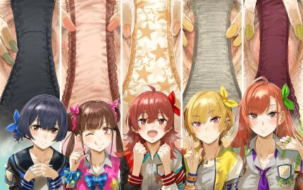 5girls ;q absurdres ahoge arisugawa_natsuha black_panties blonde_hair blue_hair blush breath brown_hair censored clenched_hands close-up crotch_focus double_bun female female_pubic_hair fingernails grey_panties hair_bun hair_flaps hero_neisan highres houkago_climax_girls_(idolmaster) idolmaster idolmaster_shiny_colors komiya_kaho lace-trimmed_panties lace_trim long_hair looking_at_viewer morino_rinze mosaic_censoring multiple_females multiple_girls nail_polish one_eye_closed orange_hair own_hands_together panties pink_panties print_panties pubic_hair pussy pussy_chart red_hair red_panties saijo_juri scrunchie short_hair smile sonoda_chiyoko spread_pussy spread_pussy_under_clothes star_(symbol) star_print straight_hair sweat tongue tongue_out twintails underwear upper_body very_long_hair w wrist_scrunchie yellow_panties