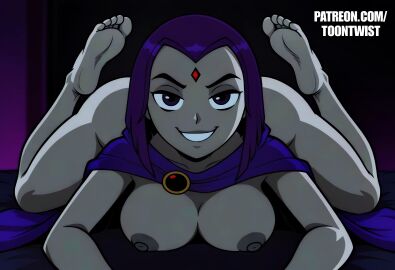 1girls 4k ass ass_up big_ass big_breasts breasts breasts_out cloak cloak_only dc dc_comics digital_media feet feet_up female female_only grey_skin on_bed original original_artwork purple_eyes purple_hair raven_(dc) smile soles solo spread_legs spreading the_pose titjob toontwist