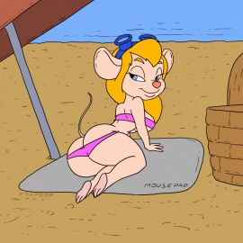 2025 animated anthro ass beach big_breasts big_butt blonde_hair blue_eyes breasts chip_'n_dale_rescue_rangers clothed clothing digital_media_(artwork) disney eyewear female fur gadget_hackwrench goggles long_hair mammal mouse murid murine rodent solo swimwear vylfgor white_body white_fur
