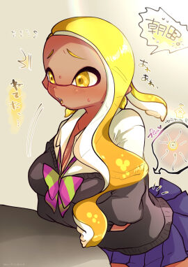 1girls blush bonfutsukame bow breasts cardigan cleavage dark-skinned_female dark_skin female fertilization impregnation inkling inkling_girl japanese_text nintendo ovum ovum_with_heart school_uniform skirt solo solo_female solo_focus sperm_cell sperm_meets_ovum splatoon splatoon_(series) tentacle tentacle_hair yellow_eyes yellow_hair