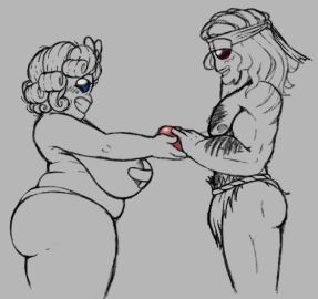 1boy 1girls aged_up band-aid_on_nipple big_eyebrows bow chubby chubby_female colored_eyes curly_hair facial_hair female firm_ass gift guilboss hairy hairy_chest hairy_male heart loincloth long_hair magdalene_(the_binding_of_isaac) male muscular muscular_male no_sex partially_clothed samson_(the_binding_of_isaac) smiling smiling_at_partner straight the_binding_of_isaac valentine's_day wholesome