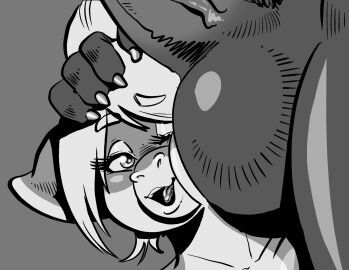 2024 absurd_res anthro balls balls_on_face big_balls big_penis bovid bovine cattle charliepops claws close-up digital_media_(artwork) duo female genitals hair hand_on_head hi_res huge_balls huge_cock looking_at_balls looking_at_genitalia male male/female mammal monochrome nude one_eye_closed one_eye_half-closed original_character penis side_view standing teeth tongue vein veiny_penis