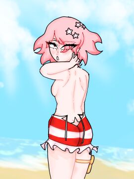 1girls brown_eyes dr.stone female kura1 looking_back luna_wright no_bra no_shirt pink_hair self_upload short_hair stars striped_dress wide_hips wide_thighs