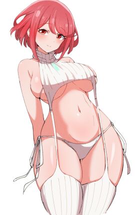 1girls alternate_costume bare_shoulders bikini breasts closed_mouth commentary_request core_crystal eyelashes female garter_straps highres kamidan large_breasts looking_at_viewer medium_hair meme_attire navel panties pyra red_eyes side-tie_bikini_bottom simple_background skindentation smile solo standing swimsuit underwear virgin_destroyer_sweater white_background white_panties xenoblade_(series) xenoblade_chronicles_2