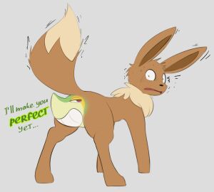 ambiguous_gender body_part_transformation butt_transformation conjoined dialogue eevee english_text feral feral_only generation_1_pokemon generation_5_pokemon merging nintendo pokemon pokemon_(species) posexe scared smile smirk smug smugleaf snivy text transformation udtf what wide_eyed
