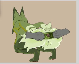 anal anal_vore anthro anus ass biped border brown_background brown_body crouching disembodied_hand duo female fingers fur gaping_anus generation_9_pokemon goatse green_body green_fur green_tail meowscarada nintendo nude pawpads pokemon pokemon_(species) short_tail simple_background skeleton265 stretched_anus tail vore white_border wiglett