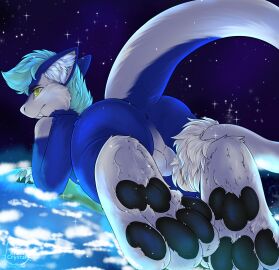 anthro anus ass balls blue_body blue_fur feet foot_fetish fur genitals hi_res krenz-crystal lying_down macro male nude pawpads paws planet presenting presenting_hindquarters raised_tail sergal solo space star tail teeth