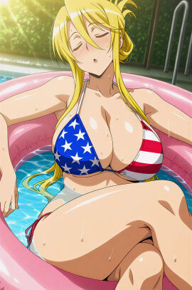 1girls ai_generated american_flag_bikini bikini blonde_female blonde_hair closed_eyes female hi_res highschool_of_the_dead hires marikawa_shizuka pool relaxing shizuka_marikawa solo solo_female stars stripes upscaled