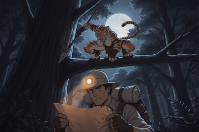 4_toes 5_fingers absurd_res ai_generated anthro armband armor armwear backpack big_breasts black_hair bodily_fluids bottomwear branch breasts brown_clothing brown_gloves brown_handwear claws clothed clothed_human clothed_male clothing countershading crouching dark_theme detailed detailed_background digitigrade duo explorer feet felid female female_anthro fighting_pose fingerless_gloves fingers flashlight forest full_moon fur fur_trim furry gloves glowing glowing_eyes hair handwear hanging_breasts hat headgear headlamp headwear helmet hi_res holding_map holding_object holding_weapon human imminent_attack lamp legband legwear light light_body light_skin loincloth looking_down male male/female male_human mammal map markings melee_weapon moon moonlight multicolored_body multicolored_fur muscular muscular_anthro nature nature_background nervous_sweat night orange_body orange_fur outside pantherine paws pith_helmet plant plantigrade polearm pose red_eyes shirt sitting_on_branch sky smug spear striped_body striped_fur striped_markings striped_tail stripes sweat sweatdrop tail tail_markings tan_body teeth thighband tiger toe_claws toes tooth_necklace topless topwear tree tribal tuft weapon white_body white_clothing white_fur wraps