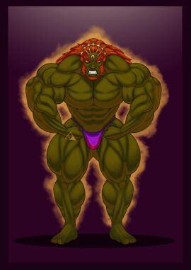 balls bara beard bulge facial_hair flaccid flexing ganondorf ganondorf_(hyrule_warriors) gerudo green_body green_skin hyrule_warriors male male_only muscle_growth muscles muscular nintendo penis red_hair solo solo_male the_legend_of_zelda thedarkdjin thong yaoi