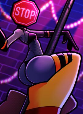 2d 2d_(artwork) armwear ass butt female female_only legwear looking_at_viewer object_head pole pole_dancing sign sign_head solo solo_female stop_sign tagme unknownspy unknownspy_(artist) ven_(unknownspy)