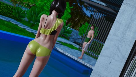 1boy 1girls 3d ass ass_focus bikini bikini_only black-haired_female black_hair brown-haired_male brown_hair brunette_hair butt_focus caribdis duo eternum facing_another facing_away facing_away_from_viewer facing_each_other female green_swimming_trunks hentai_game holding holding_object holding_shirt light-skinned_female light-skinned_male light_skin looking_at_another looking_away luna_(eternum) male orion_(eternum) outdoors outside swim_trunks swimming_pool swimming_trunks swimsuit water wet wet_body wet_clothes wet_clothing wet_hair wet_skin yellow_bikini yellow_swimsuit