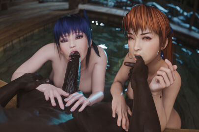 1boy 2girls 3d asian asian_female ayane_(doa) blue_hair bracelet brown_eyes dark-skinned_male dark_skin dead_or_alive earrings fellatio female finger_in_mouth hoop_earrings hot_spring interracial jewelry just_the_tip kasumi_(doa) koei_tecmo light-skinned_female light_skin lipstick_mark lipstick_on_penis male multiple_females multiple_girls nynx onsen penis ponytail pool pov purple_hair queen_of_spades red_eyes red_hair water